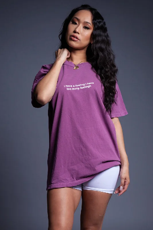 Women's Distressed T-Shirts-PURPLE N WHITE TOO MANY FEELINGS TEE