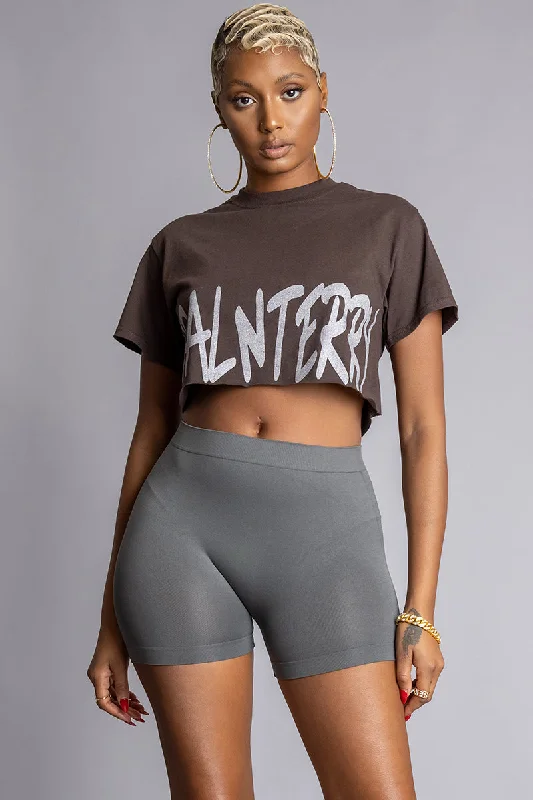 Women's Ruching Detail T-Shirts-CHOCOLATE N SILVER CNT OVERLAY CROP TEE