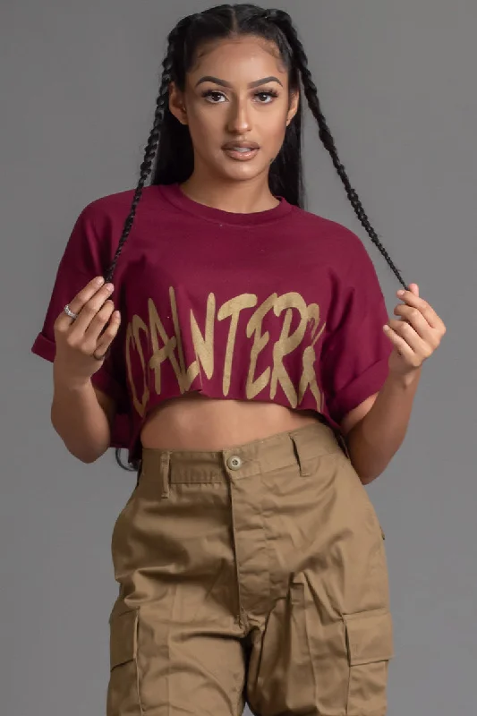 Women's Zipper Detail T-Shirts-MAROON N GOLD CNT OVERLAY CROP TEE