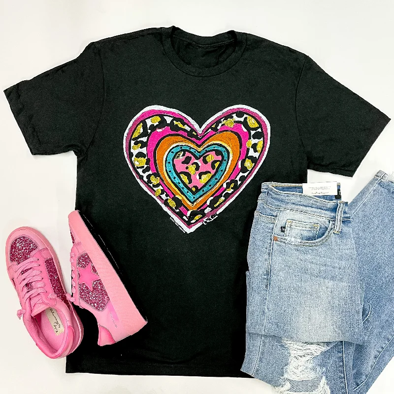 Women's Leopard Print T-Shirts-Take My Heart Print Block Heart Short Sleeve Graphic Tee in Black