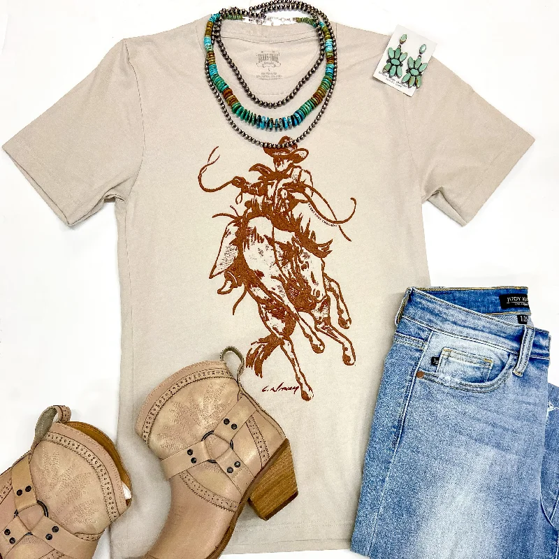 Women's Keyhole T-Shirts-Wild Willie Short Sleeve Graphic Tee in Beige