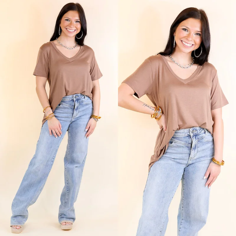 Women's Keyhole T-Shirts-It's That Simple Solid V Neck Tee in Mocha