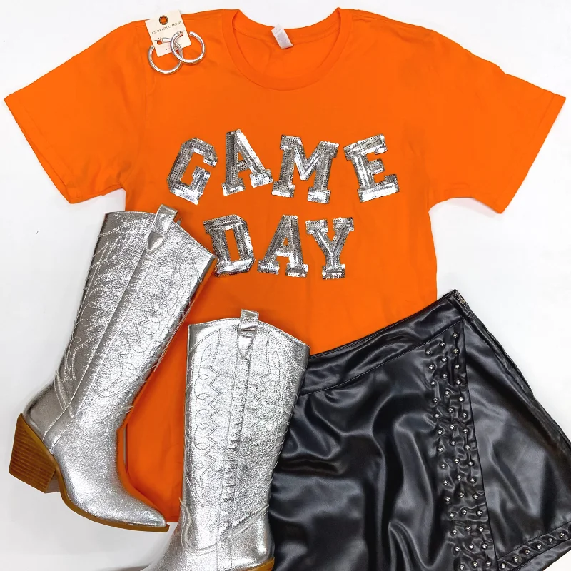 Women's Button Detail T-Shirts-Gameday Silver Sequin Letter Short Sleeve Graphic Tee in Orange