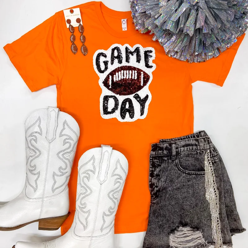 Women's Date Night T-Shirts-Gameday Sequin Patch Football Short Sleeve Graphic Tee in Orange