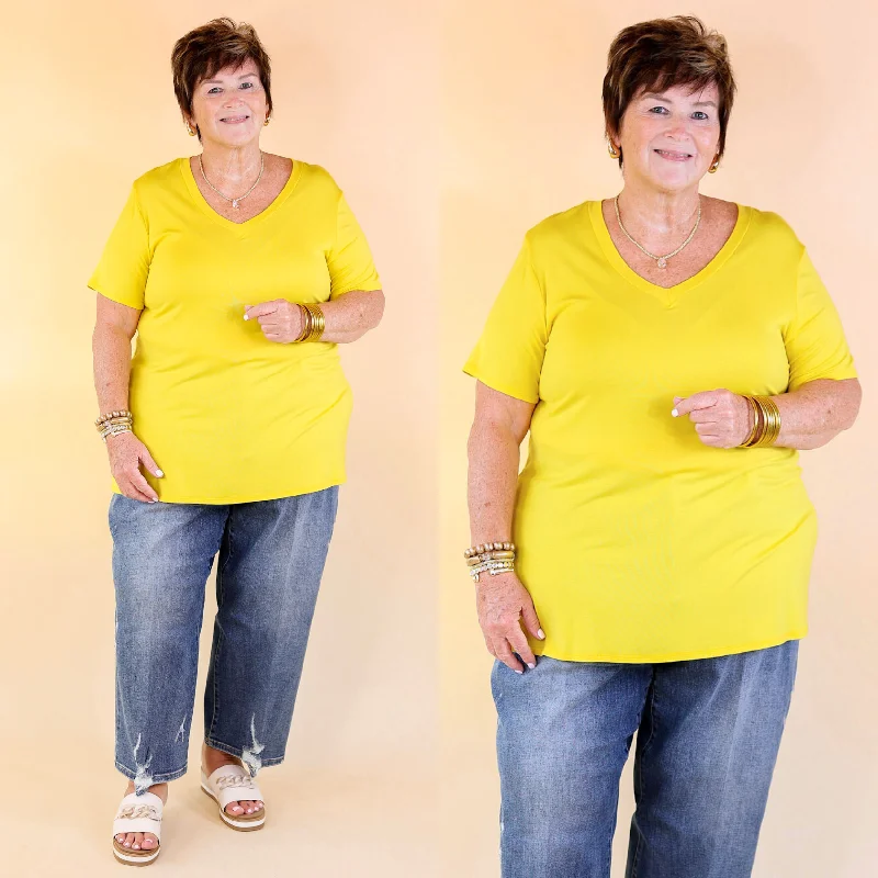 Women's Linen T-Shirts-It's That Simple Solid V Neck Tee in Yellow