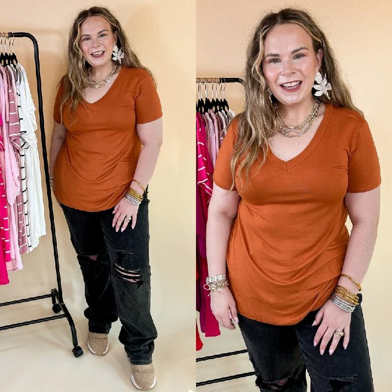 Women's Loose Fit T-Shirts-It's That Simple Solid V Neck Tee in Rust Orange