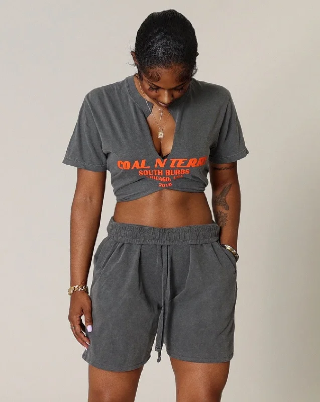 Women's Layered T-Shirts-DARK GREY N ORANGE BURBS SLIT TEE