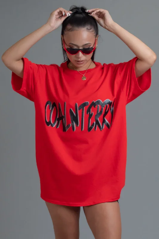 Women's Tagless T-Shirts-RED N BLK CNT OVERLAY TEE