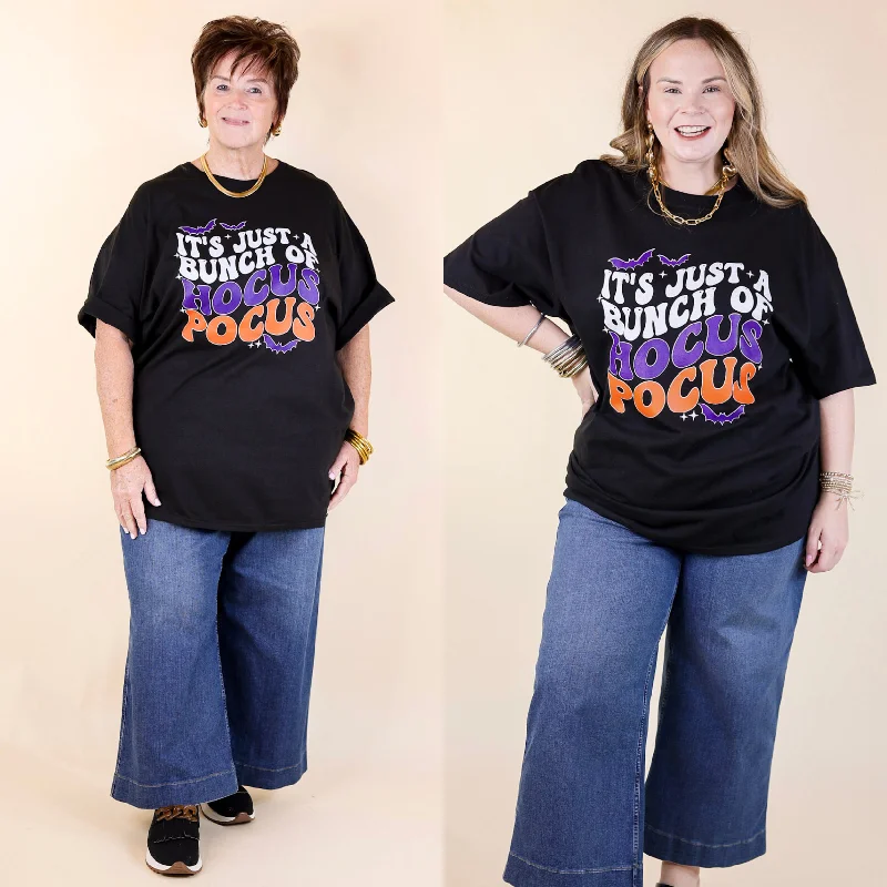 Women's Frayed Hem T-Shirts-It's Just a Bunch of Hocus Pocus Short Sleeve Graphic Tee in Black