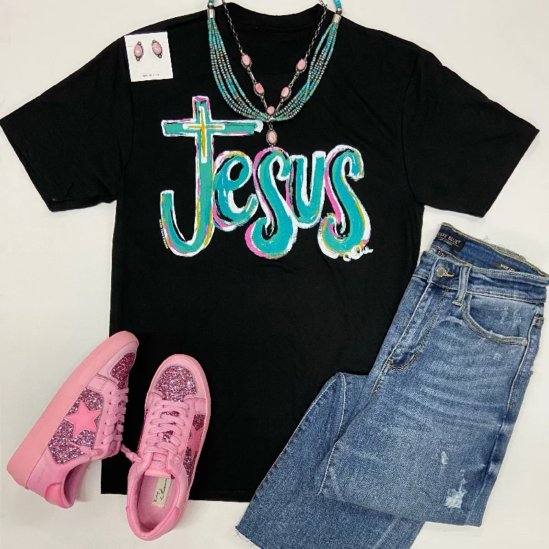 Women's High-Low T-Shirts-Jesus Cross Short Sleeve Graphic Tee in Black