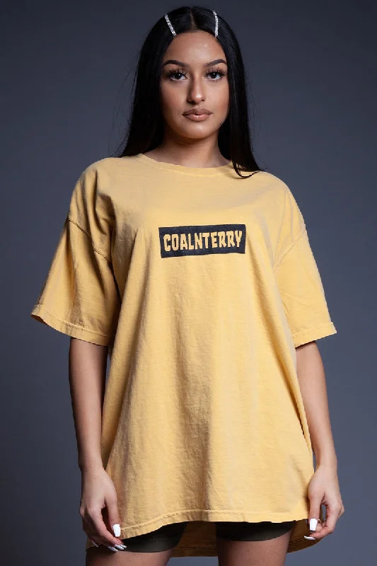 Women's Chest Pocket T-Shirts-MUSTARD N BLK BAR TEE