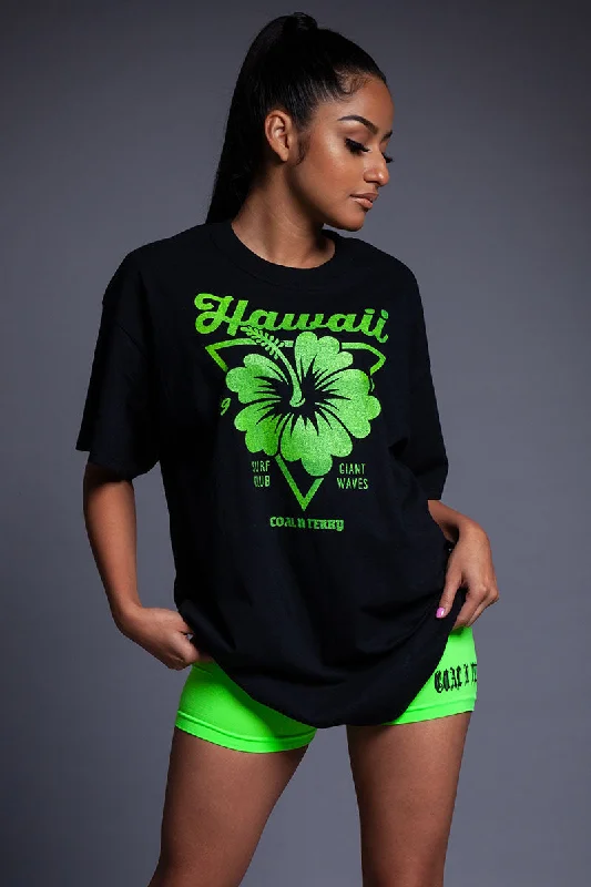 Women's Faux Suede T-Shirts-BLK N GREEN HAWAII TEE