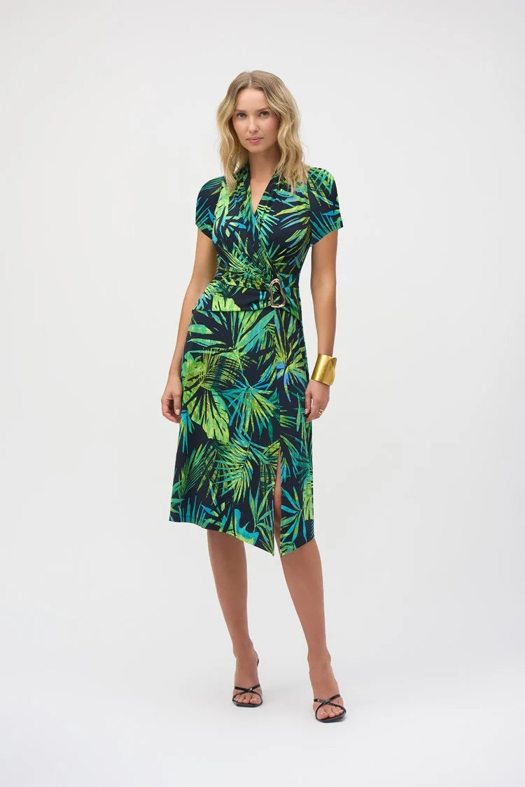 Joseph Ribkoff Midnight Blue/Multi Silky Knit Tropical Print Fit and Flare Dress