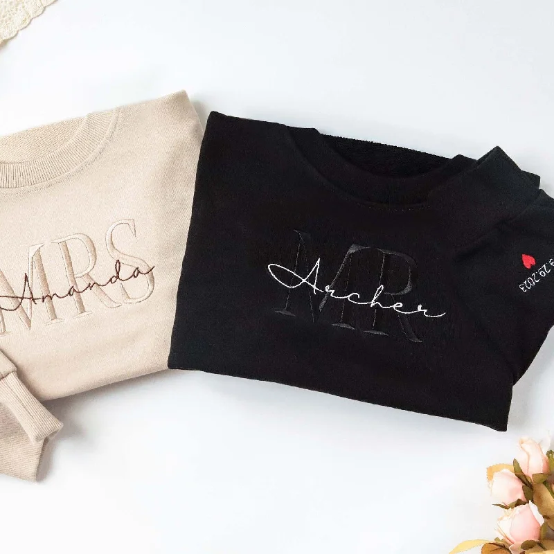 Women's Balloon Sleeve Sweatshirts-Custom Embroidered Sweatshirts For Couples, Custom Matching Couple Hoodies, Custom Mr Mrs Future Matching Couples Embroidered Sweatshirts