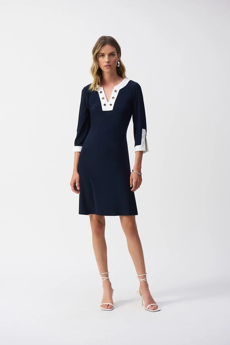 Joseph Ribkoff Midnight Blue/Vanilla Silky Knit Colour Block A-Line Dress