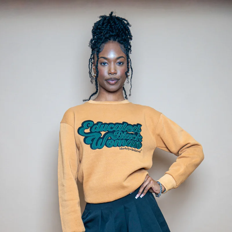 Women's Shimmer Sweatshirts-Educated Black Woman Embroidered Sweatshirt (Camel)