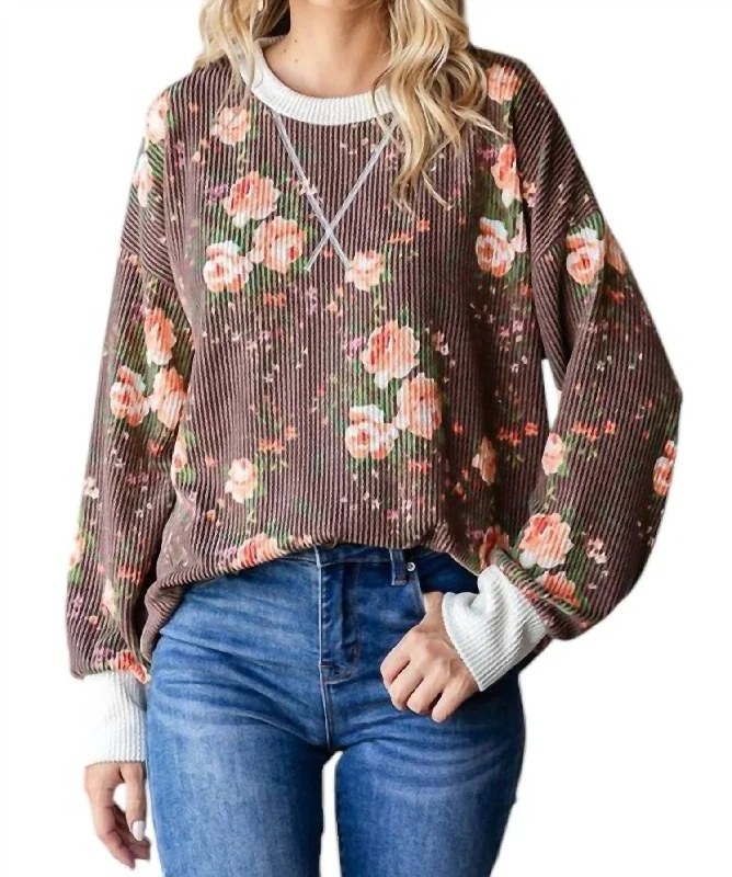 Women's Satin Ruffle Pullovers-Cindy Ribbed Floral Pullover In Brown