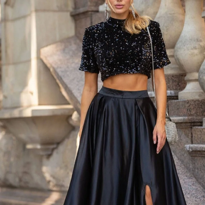 Women's Waterproof Pleated Skirts-Lorrie Cropped Sequin Top and Silken Skirt With Slits