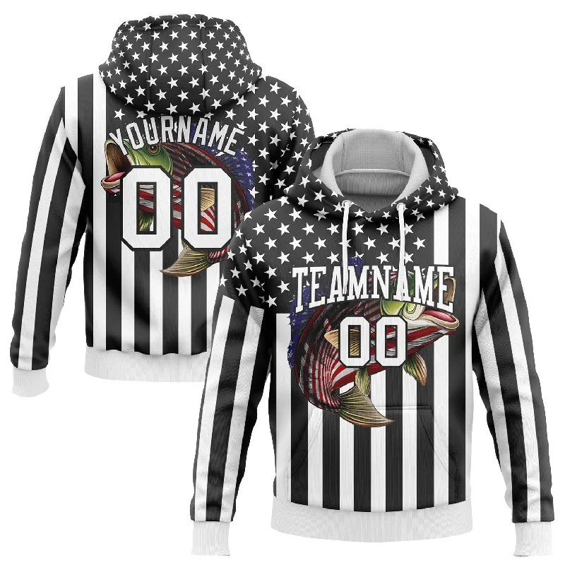 Women's Ombre Hoodies-Custom Stitched Black White 3D American Flag And Smallmouth Bass Fish Fishing Sports Pullover Sweatshirt Hoodie