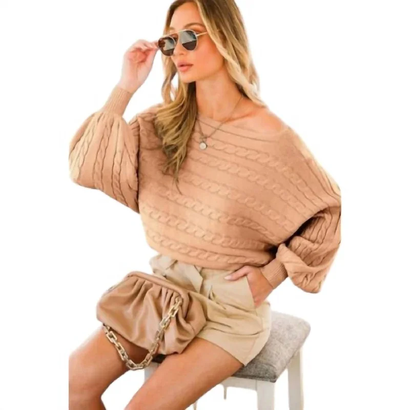 Women's Silk Ruffle Pullovers-Boat Neck Cable Knitted Sweater In Mocha