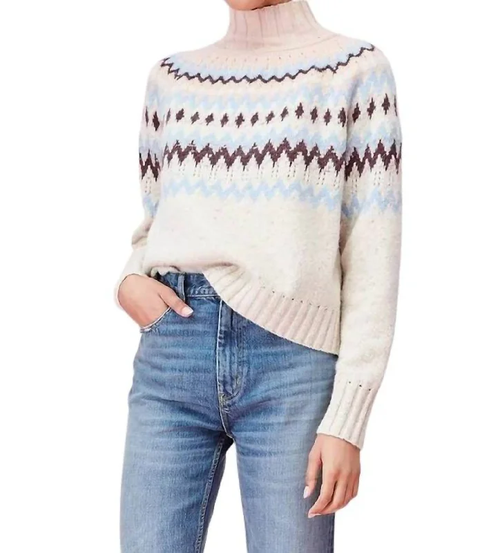 Women's Shimmer Pleated Pullovers-Cozy Wool Fairisle High Neck Pullover In Beige