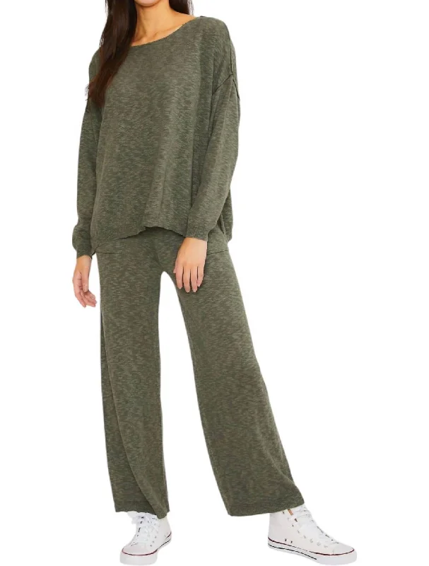 Women's Satin Floral Pullovers-Sweater Top And Pants In Dark Olive