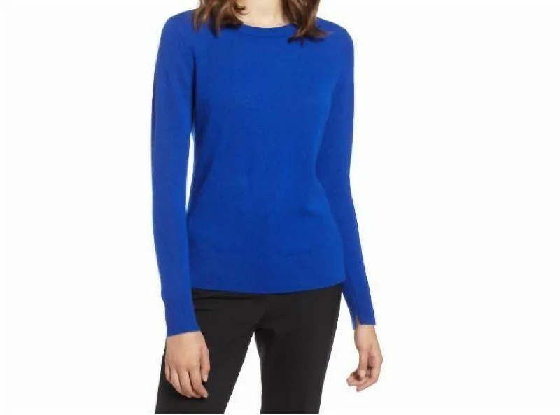 Women's Silk Floral Pullovers-Crewneck Cashmere Lightweight Side Slits Mazarene Sweater In Blue