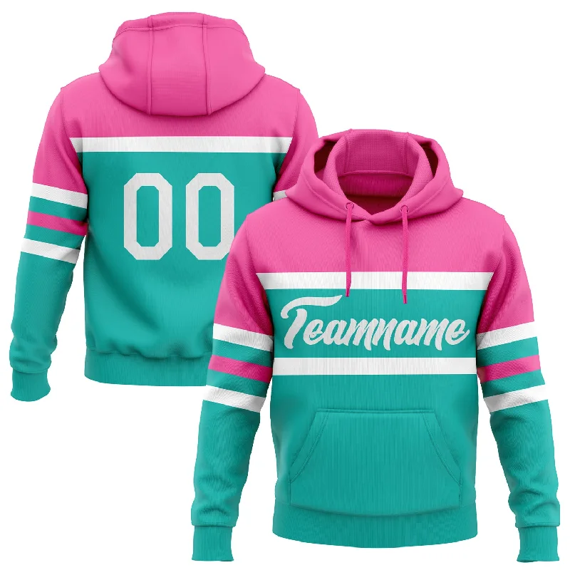 Women's Loose Fit Hoodies-Custom Stitched Aqua White-Pink Line Sports Pullover Sweatshirt Hoodie