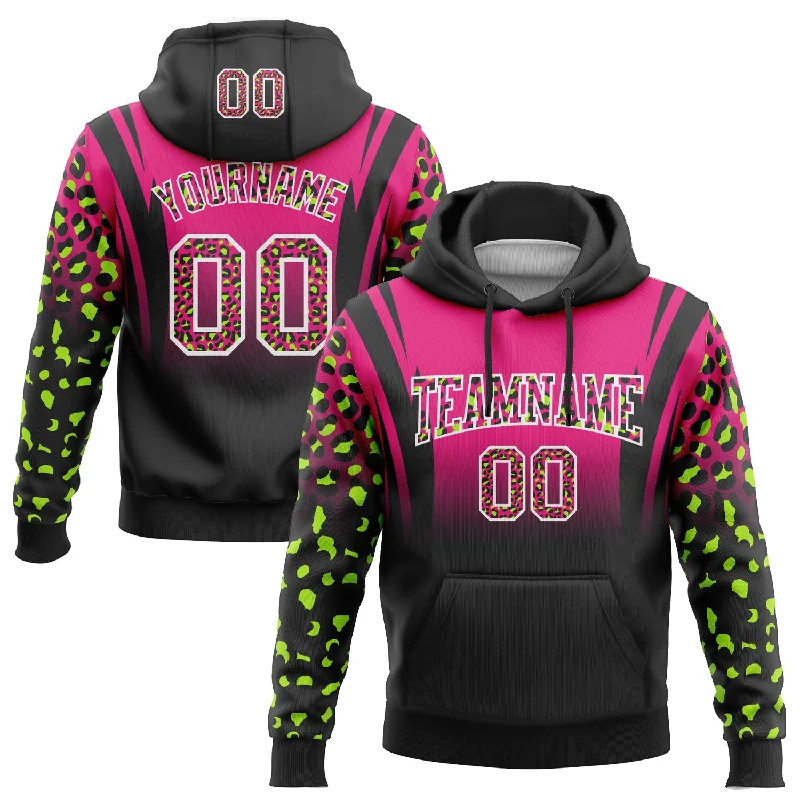 Women's High Neck Hoodies-Custom Stitched Hot Pink Black-White Fade Fashion Leopard Print Sports Pullover Sweatshirt Hoodie