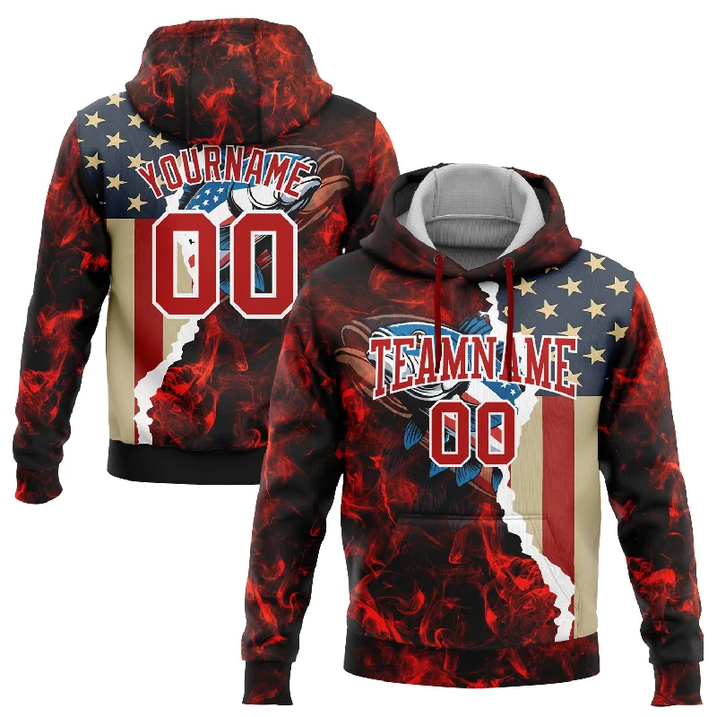 Women's Personalized Fit Hoodies-Custom Stitched Red White 3D American Flag And Largemouth Bass Fish Fishing Sports Pullover Sweatshirt Hoodie