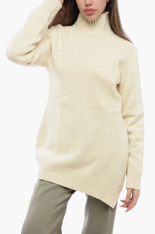 Women's Metallic Ruffle Pullovers-Jil Sander Turtleneck Sweater With Asymmetric Hem