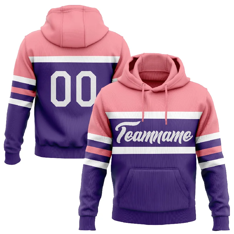 Women's Snap Button Hoodies-Custom Stitched Purple White-Medium Pink Line Sports Pullover Sweatshirt Hoodie