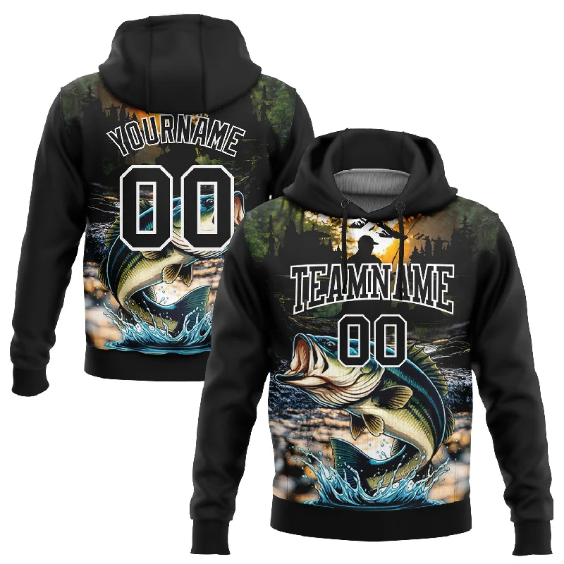 Women's Petite Hoodies-Custom Stitched Black White 3D Largemouth Bass Fish Fishing Sports Pullover Sweatshirt Hoodie