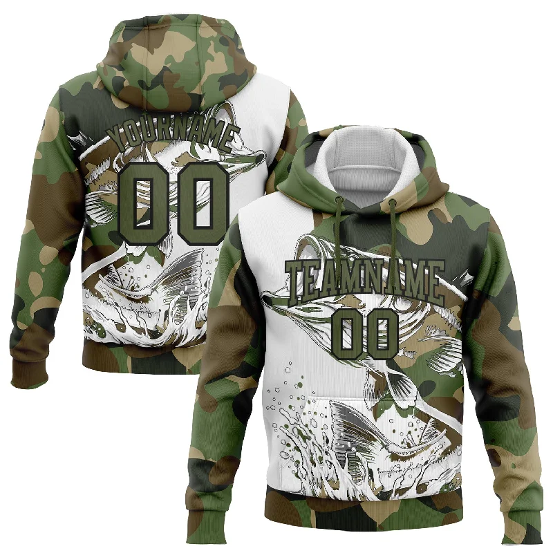 Women's Mesh Hoodies-Custom Stitched Camo Olive-Black 3D Largemouth Bass Fish Fishing Sports Pullover Sweatshirt Hoodie