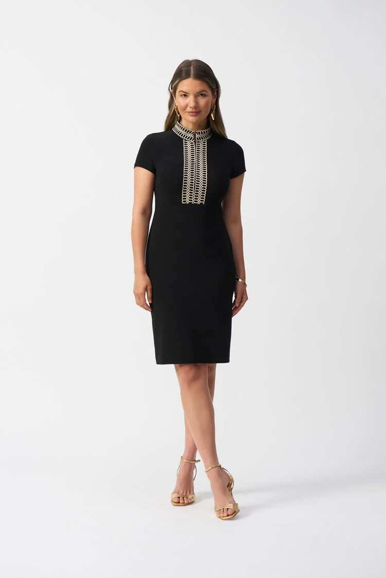 Joseph Ribkoff Black Silky Knit Shift Dress With Lace Detail