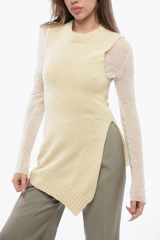 Women's Metallic Pleated Pullovers-Jil Sander Wool Long Sweater With Asymmetric Hem