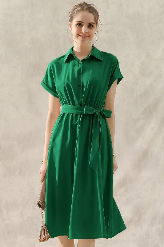 ROLL UP SLEEVE TIED WAIST FLARE SHIRTS DRESS