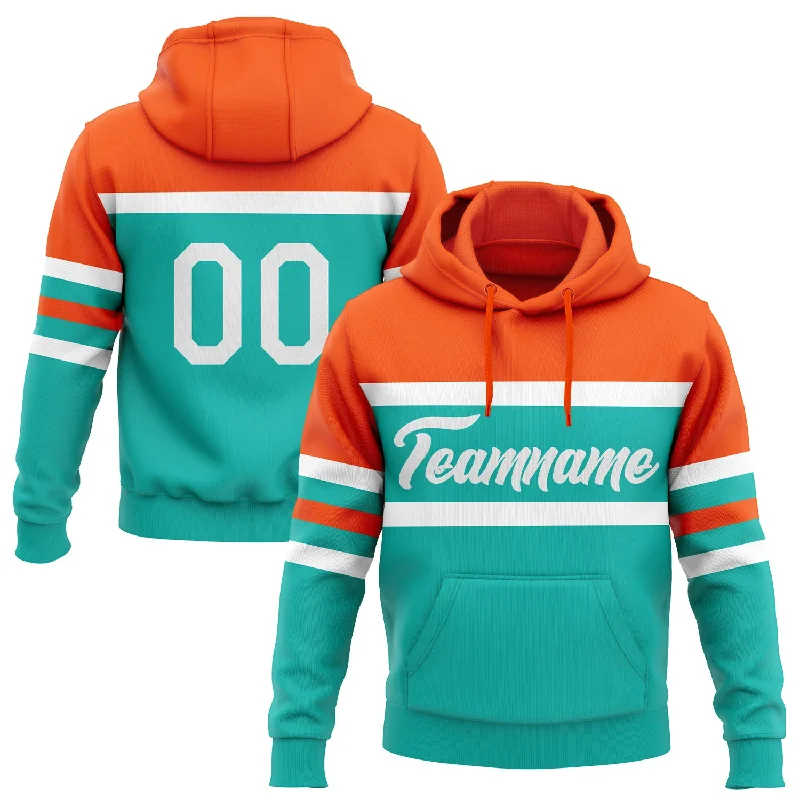 Women's Loose Fit Hoodies-Custom Stitched Aqua White-Orange Line Sports Pullover Sweatshirt Hoodie