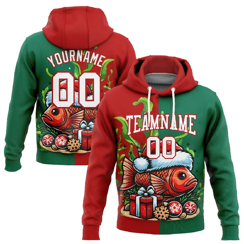 Women's Oversized Hoodies-Custom Stitched Kelly Green White-Red 3D Christmas Carp Fish Fishing Sports Pullover Sweatshirt Hoodie