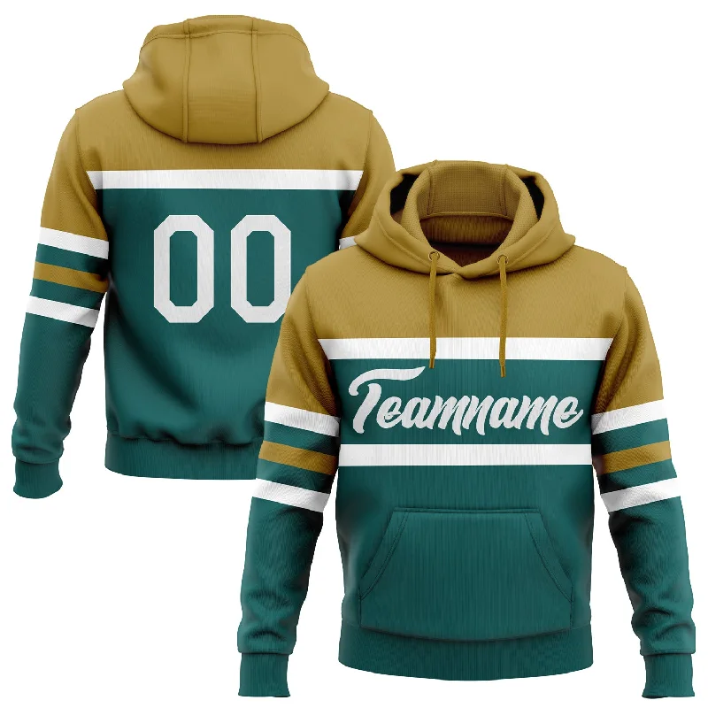 Women's Ruffle Hoodies-Custom Stitched Teal White-Old Gold Line Sports Pullover Sweatshirt Hoodie