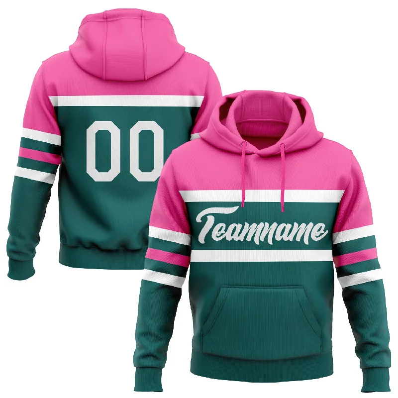 Women's Ruched Hoodies-Custom Stitched Teal White-Pink Line Sports Pullover Sweatshirt Hoodie