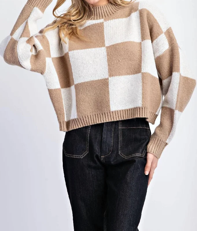 Women's Slit Denim Pullovers-Checker Cropped Sweater In Taupe