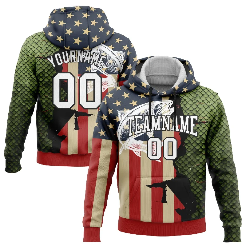 Women's Midi Hoodies-Custom Stitched Navy City Cream Red-Black 3D American Flag And Northern Pike Fish Fishing Sports Pullover Sweatshirt Hoodie