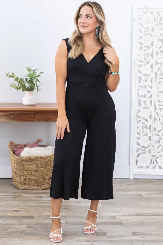 Black Surplice Neckline Sleeveless Jumpsuit