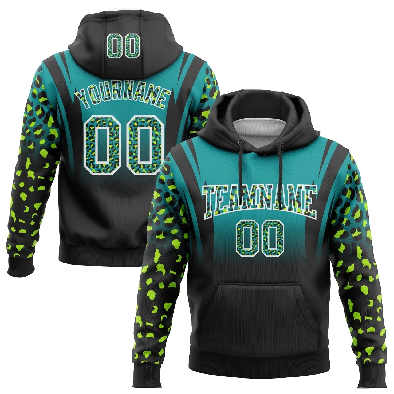 Women's Hiking Hoodies-Custom Stitched Teal Black-White Fade Fashion Leopard Print Sports Pullover Sweatshirt Hoodie