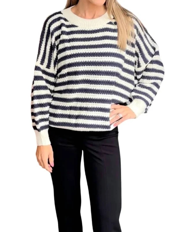 Women's Sequin Ruffle Pullovers-Striped Crochet Sweater In Navy