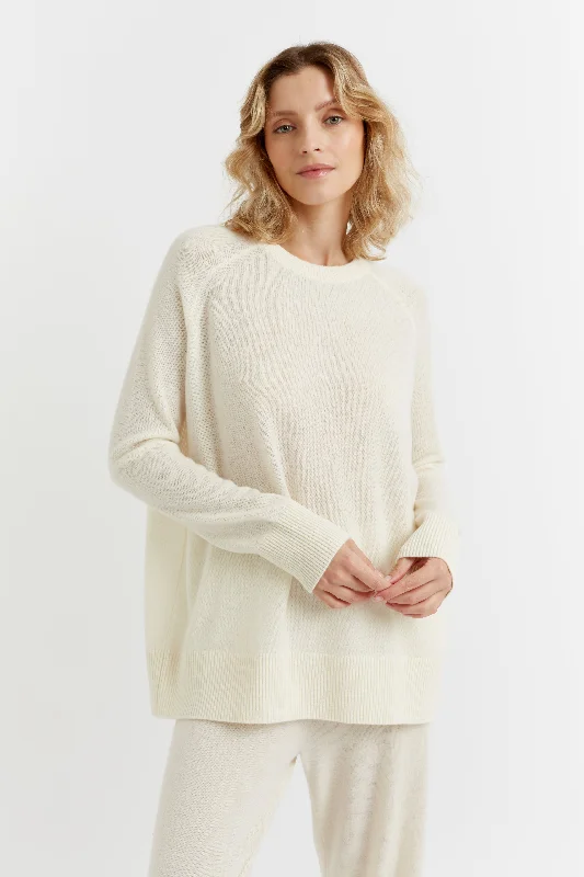 Women's Patterned Pullovers-Cream Cashmere Slouchy Sweater