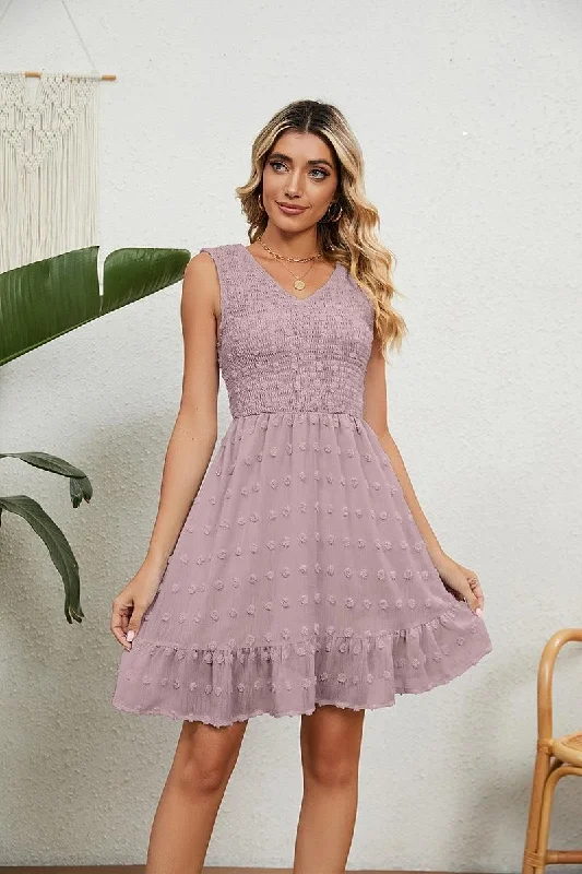 V NECK JACQUARD WEAVE SLEEVELESS DRESS