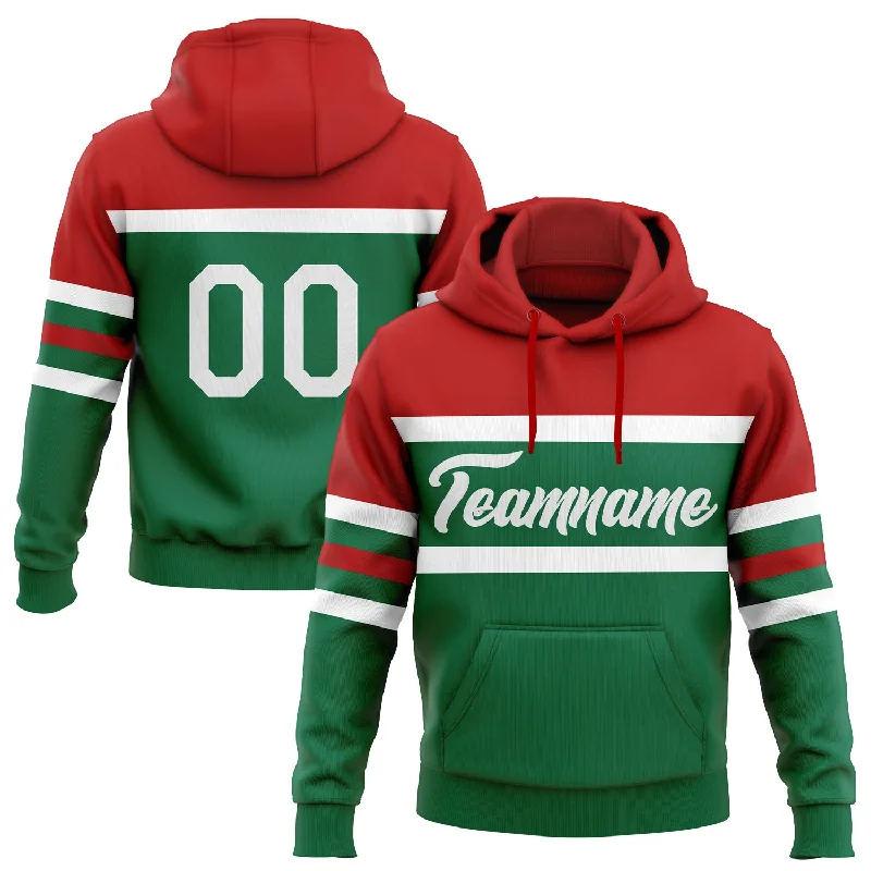 Women's Short Sleeve Hoodies-Custom Stitched Kelly Green White-Red Line Sports Pullover Sweatshirt Hoodie