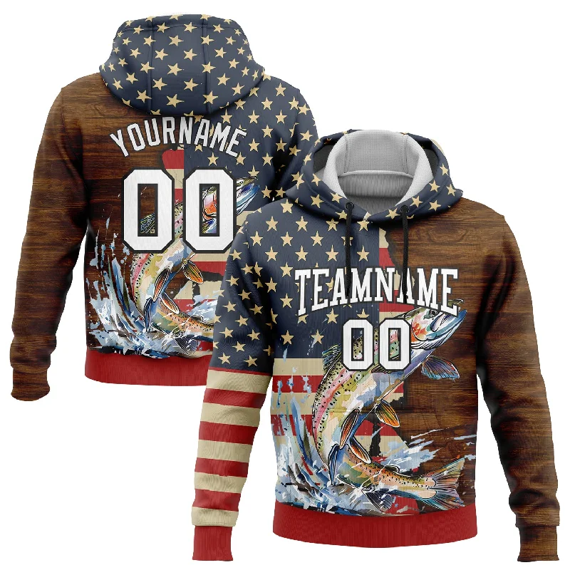 Women's Metallic Thread Hoodies-Custom Stitched Navy City Cream Red-Brown 3D American Flag And Rainbow Trout Fish Fishing Sports Pullover Sweatshirt Hoodie